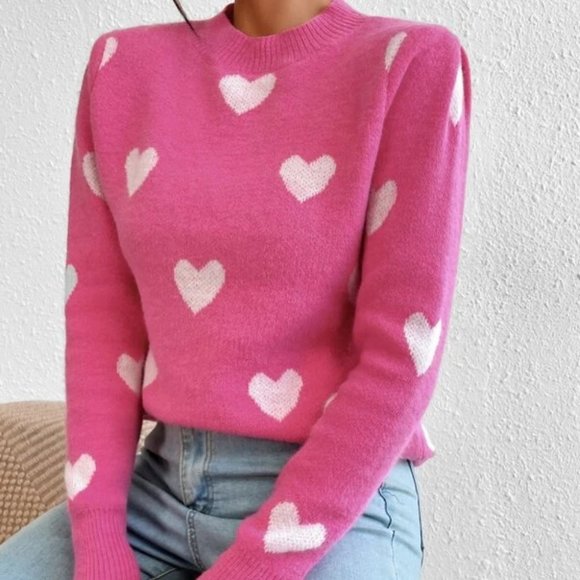 Heart Print Long sleeve Knit Sweater Top pink - Picture 3 of 6